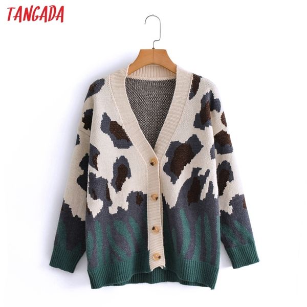 Tangada Autunno Donna Verde Leopard Print Cardigan lavorato a maglia Maglione Maglione Vintage Manica lunga Button-up Capispalla femminile 3A5 210918