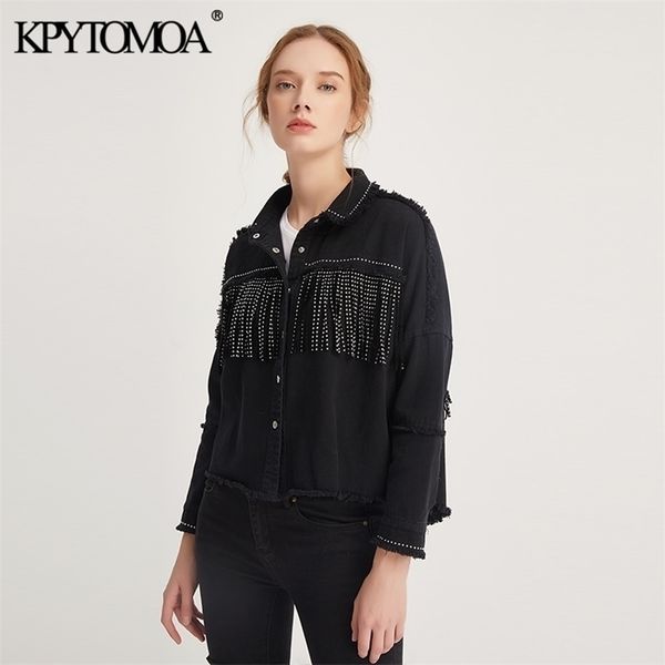 KPYTOMOA Frauen Mode Quaste Perlen Übergroße Denim Jacke Mantel Vintage Langarm Ausgefranste Saum Weibliche Oberbekleidung Chic Tops 211029