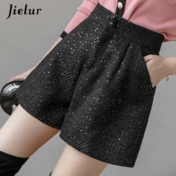 Jielur Frauen Shorts Herbst Winter Slim Hohe Taille Shorts Schwarz Damen Pailletten Chic Koreanische Taschen Kurze Hosen S-XXL 210611