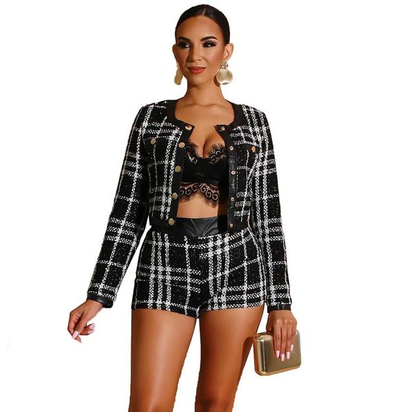 

women's tracksuits ladies plaid stitching pu leather fashion suit, Gray