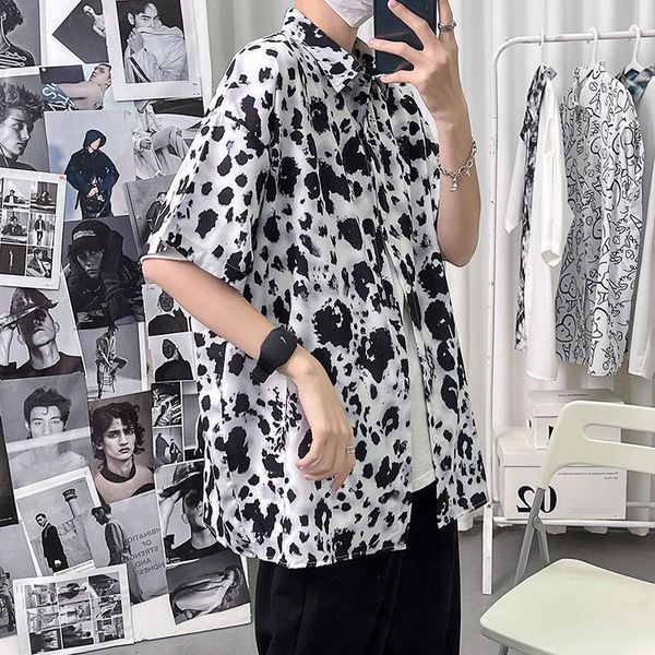 

men's casual shirts summer leopard shirt men korean fashion loose harajuku streetwear hip-hop all-match short-sleeved, White;black