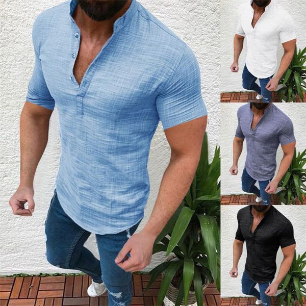 

men's v-neck flax standing collar short sleeve t shirt button solid summer loose shirts cotton linen breathable classic t-shirts, White;black