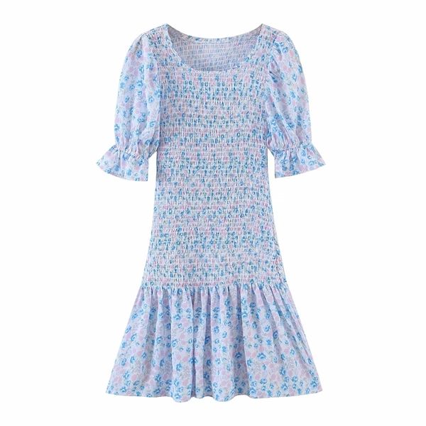 

fashion summer dress for women blue printed short puff sleeve print pleated chiffon 210524, Black;gray