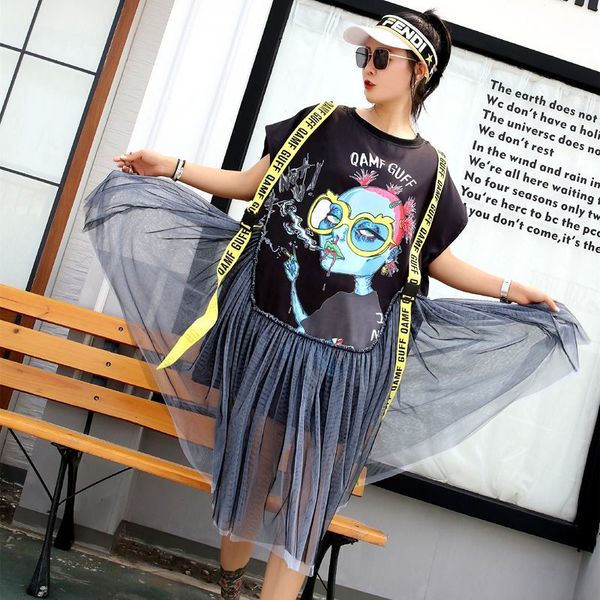 

tracksuits thailand impression of the cartoon summer loosely loosed short mesh mosaic shirt dresses, Gray