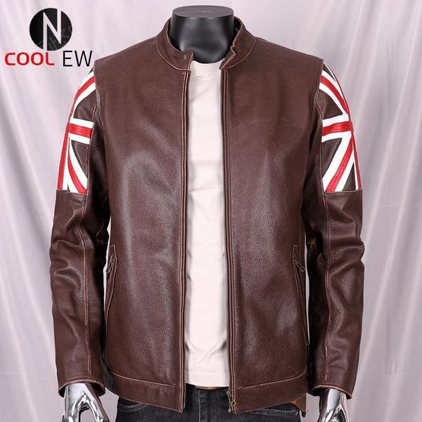 

men's leather & faux 2021 vintage brown genuine jacket men stand collar motorcycle style plus size 5xl real natural cowhide autumn bike, Black