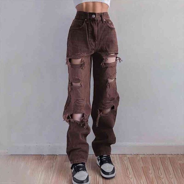 

high waist ripped fashion womens jean hip hop loose pants vintage female torn denim trousers streetwear, Blue