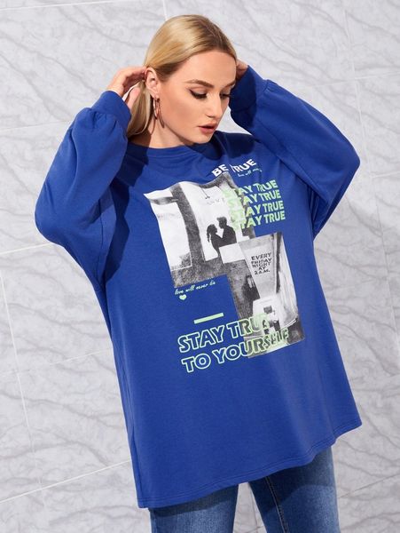 

plus drop shoulder letter and figure graphic pullover d4kw#, Black