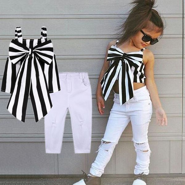 

kids designer clothes 2021 summer baby girls outfits girls sets plaid clothing shoulder-straps bow stripe long pants child outfits 2 pcs, White