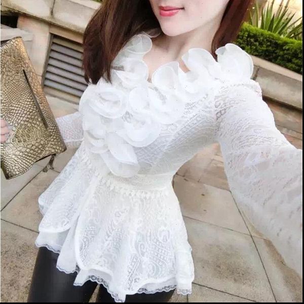 

spring autumn sweet floral lace womens blouses long sleeve mesh ruffles lady slim short blusas sf929, White