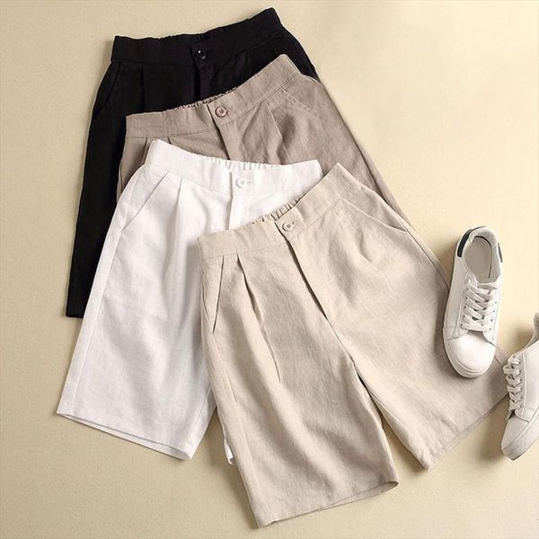 

plus size loose casual womens short cotton linen summer color high waist fashion trousers, White;black
