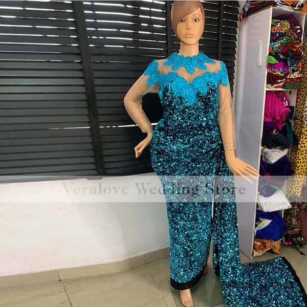 Aso Ebi Stil Grüne Pailletten Abendkleider Meerjungfrau 2021 Spitze Applikationen Knöchellangen Afrikanischen Abendkleid Frauen Engagement Party Kleid