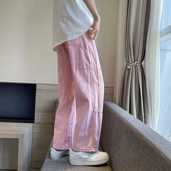 

men's jeans solid color stitching fashion blue pink black loose straight-leg retro wide-leg pants men s-3xl