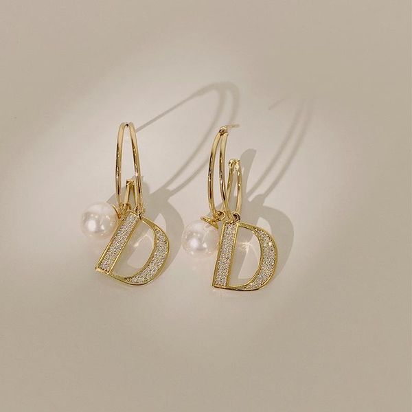 

simple fashion style letter d pearl earrings party evening gift woman jewelry stud 2021 dangle & chandelier, Silver