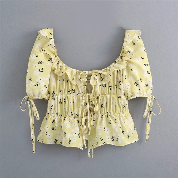 

women's blouses & shirts summer sweet lady ruffles puff sleeve 2021 women fashion french style floral print frenulum blouse female vint, White