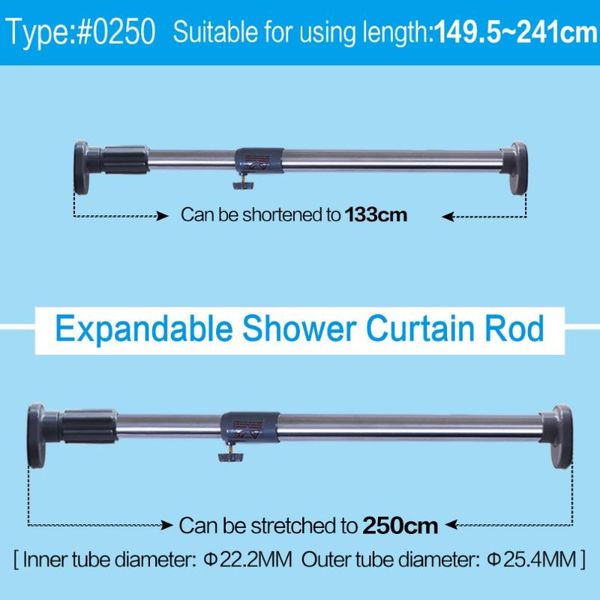 

133-250cm stainless steel wall mounted extendable bathroom shower curtain rod closet clothes hanging rail bar pole curtains