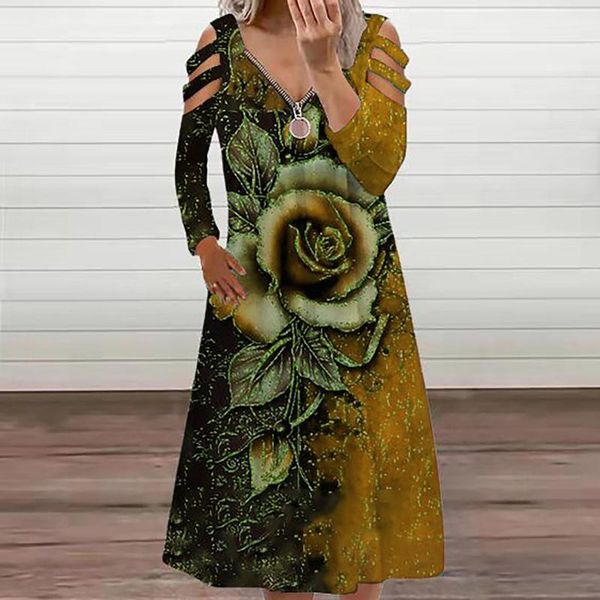 

casual dresses floral printed women zipper dress v-neck long sleeve strap open back vintage woman vestidos de mujer 40#, Black;gray