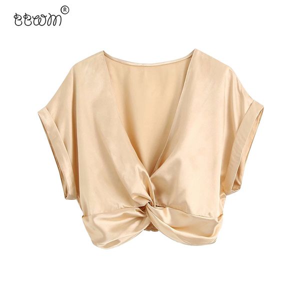 Vrouwen Mode Knoop Decoratie Satijn Cropped Blouses Vintage Korte Mouwen Terug Elastische Shirts Vrouwelijke Chique Tops 210520