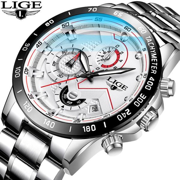 

wristwatches lige mens watches 9982 full steel waterproof luminous sport clock quartz watch for men chronograph+box relogio masculino, Slivery;brown