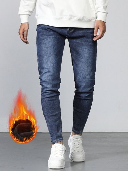 

men washed thermal skinny jeans s028#, Blue