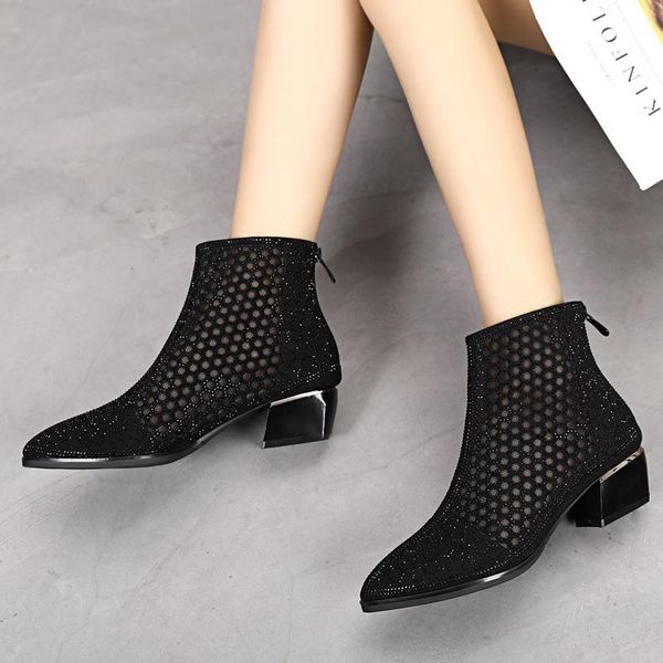 

boots vicone short women hollow mesh yarn with thick heeled net water drill breathable spring soft bottom, Black