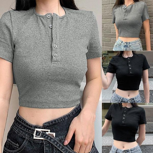 

women's t-shirt waist and navel solid color semi-open collar short-sleeved short slim bottoming top, White