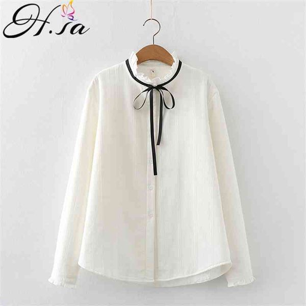 

hsa womens long sleeve spring winter ladies solid fleeced loose boyfriend style shirt white bow tie blouses 210417