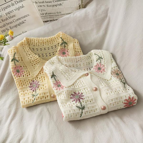 

women's knits & tees sweet flower embroidery hollow thin sweater women 2021 autumn single-breasted cardigan lapel trend, White