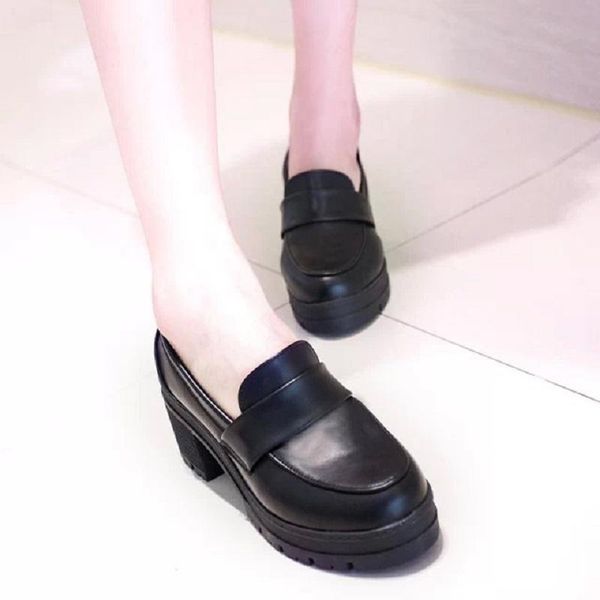 

spring autumn pu leather shoes women chunky high heels pumps ladies british style black platform casual shoe zapatos mujer dress
