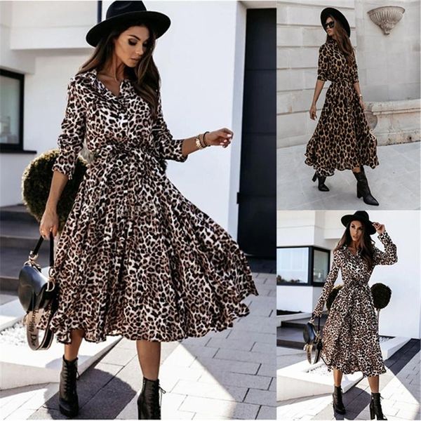 

bohemia autumn women leopard ankle-length dress long sleeve v-neck slit single-breasted high waist casual dresses, Black;gray