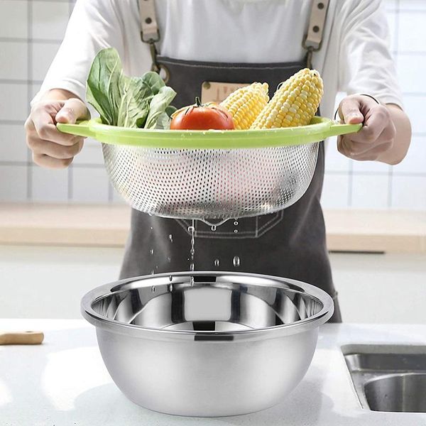 

laundry bags heavy duty kitchen strainer double handle draining basket with stainless steel basin 2pcs for vegetable rice fruit pasta -