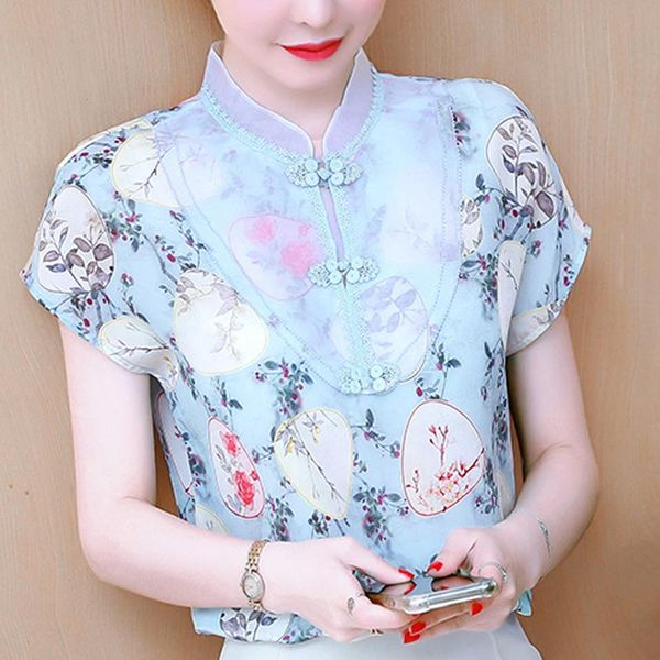 

women's blouses & shirts blusas mujer de moda 2021 blouse women elegant retro print chiffon shirt short sleeve d345, White