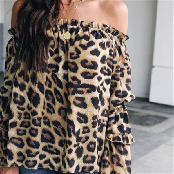 

off shoulder long sleeve leopard womens shirts printed korean style streetwear, White