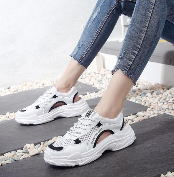 

sandals summer fashion sports women's lace-up hollow sport shoes mesh breathable platform femmes chaussures, Black
