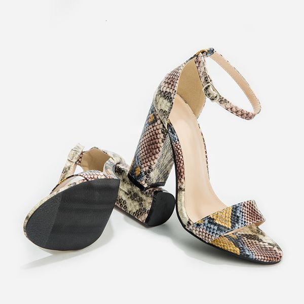 

slippers shoes women snakeskin print sandals high heels summer ankle strap square heel open toe fashion pumps zptk, Black