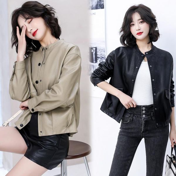 

autumn women faux soft leather round neck loose jacket coat covered button pu motorcycle overcoat female rivet punk women's &, Black