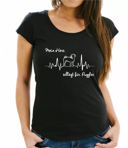 

puggle ladies t-shirt heartbeat ecg dog dogs motif heart heartbeat, White;black