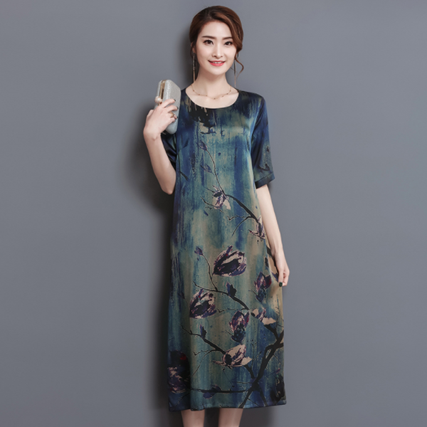

casual dresses 2021 autumn and summer silk print dress plus size l-4xl loose o-neck elegant large vestidos aq233, Black;gray