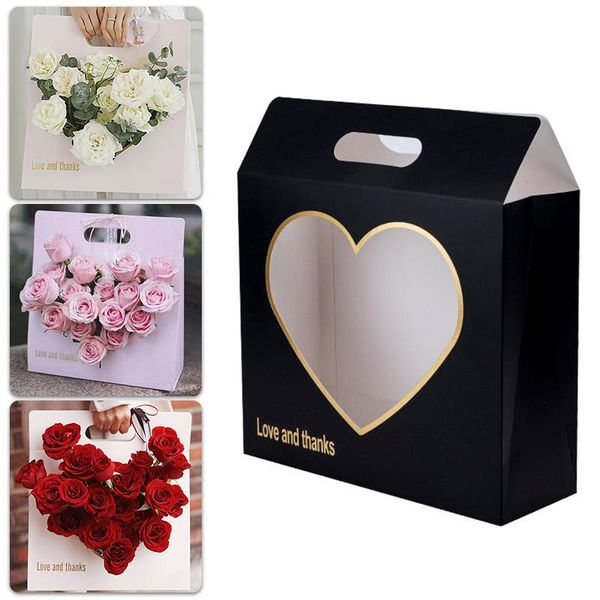 

portable flower packing box heart shape wrapping bag paper with handle rose wedding party decor wholesale gift wrap