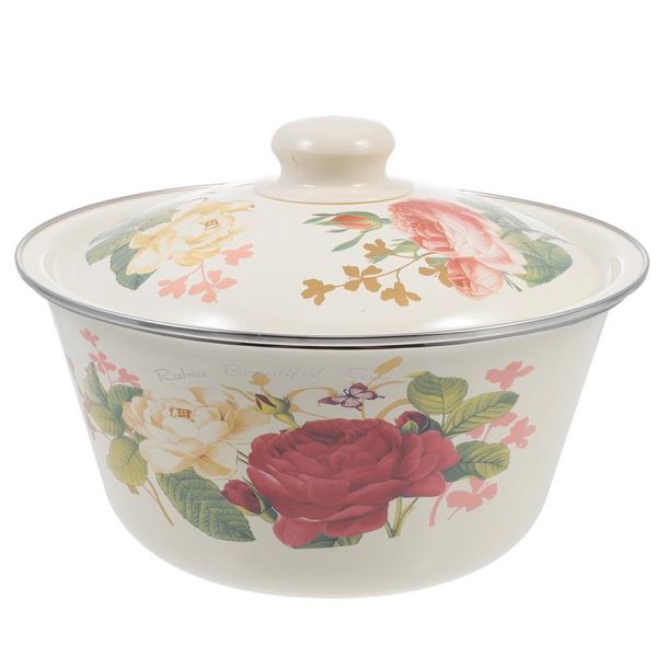 

bowls 1pc vintage enamel pot with lid kitchen storage holder household soup basin