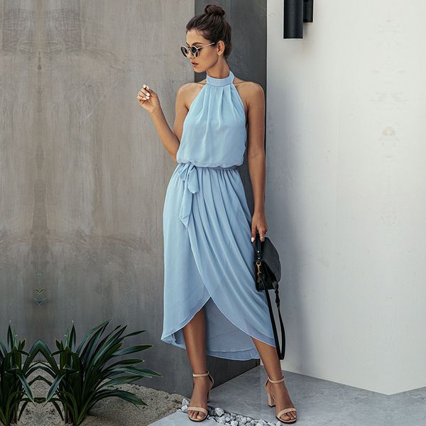 

summer ladies fashion sleeveless halter women casual solid lace up high waist long a-line dress 2021 new, Black;gray