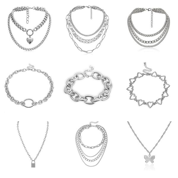 

punk hip-hop gothic short chain exaggerated metal fashion love pendant collar necklace women's silver color jewelry accessories