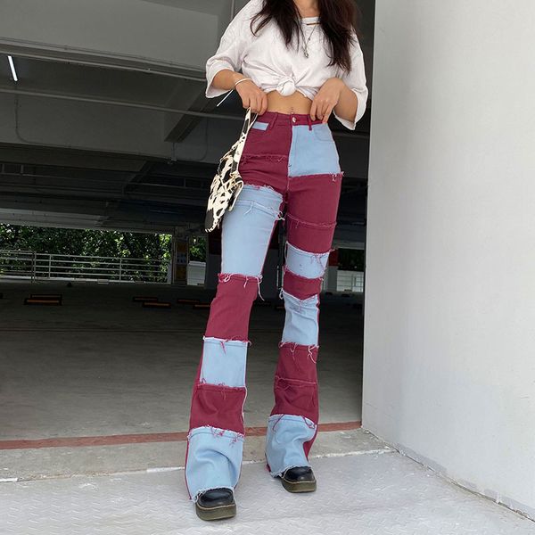 

jeans vintage streetwear woman pockets high waist trousers flared women casual straight leg jeans cotton denim pants, Blue