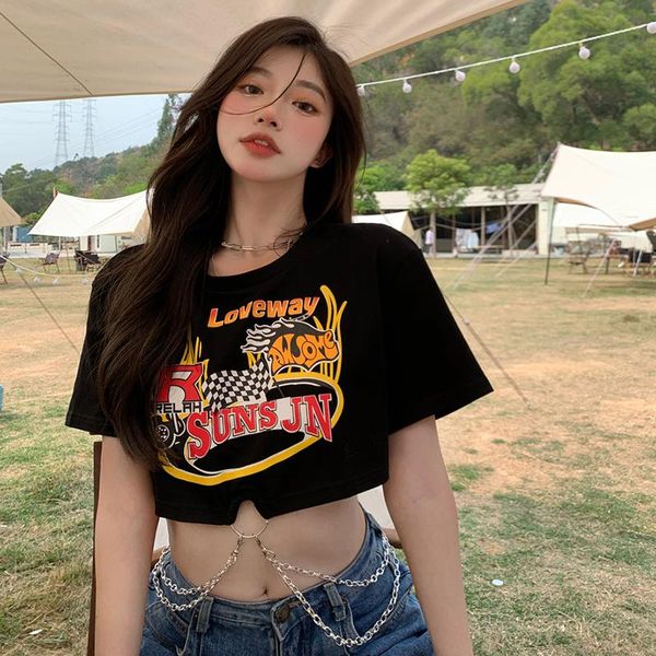

women's t-shirt retro girl wild ins tide female summer design sense chain short navel black short-sleeved shirts for women, White