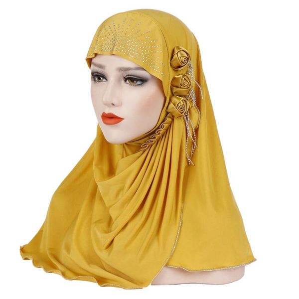 

ethnic clothing 2021 spring autumn muslim scarf hat cap for women malaysia fashion ice silk side three small flowers shiny tassel baotou, Red