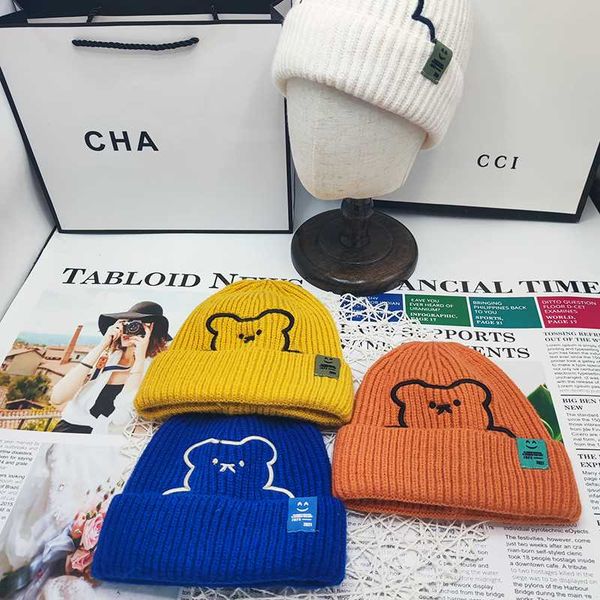 

beanies 2021 trendy embroidery bear knitted hat autumn winter warm knit beanie cute soft cap women men hats ski bonnet