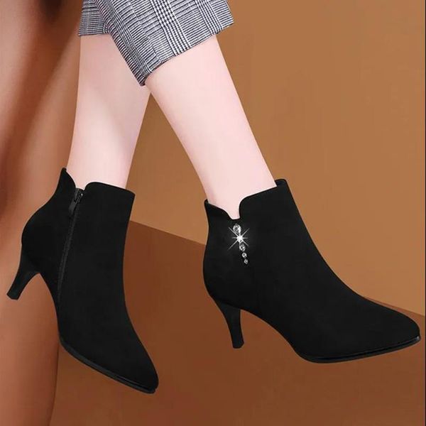 

boots women classic pointed toe short ankle suede lady cool european stylish comfort autumn winter shoes botas femininas e9030, Black