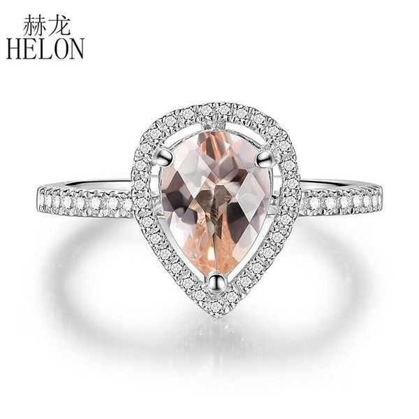 

cluster rings helon solid 14k white gold au585 natural diamonds women trendy fine jewelry gemstone ring genuine morganite pear shape 8x6mm, Golden;silver