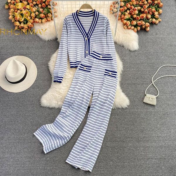 

women's two piece pants 2021 knitted sweater set women autumn winter v-neck blue and white striped pieces suit casual high street brand