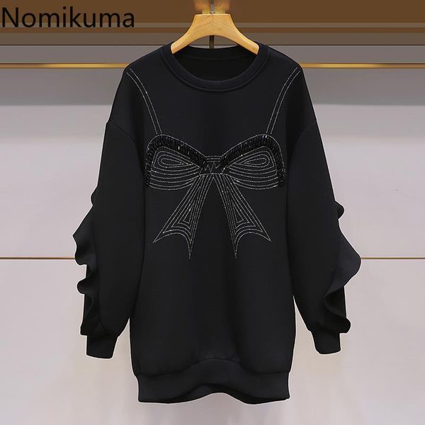

nomikuma korean beads diamonds bowknot pullover sweatshirt ruffle patchwork long sleeve hoodies autumn medium-long jumper 6c726 210427, Black
