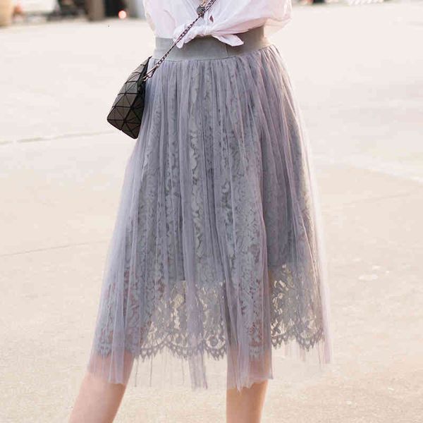 

skirts spring sweet floral crochet lace patchwork tulle calf long a-line pleated 8yjb, Black